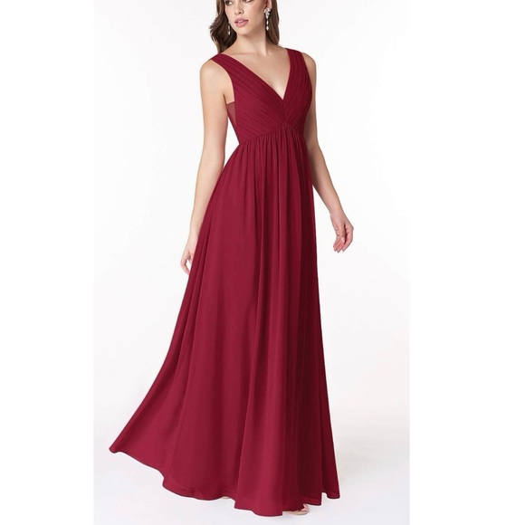 Azazie V-neck Pleated Chiffon Maxi Dress in Burgundy - Picture 1 of 6